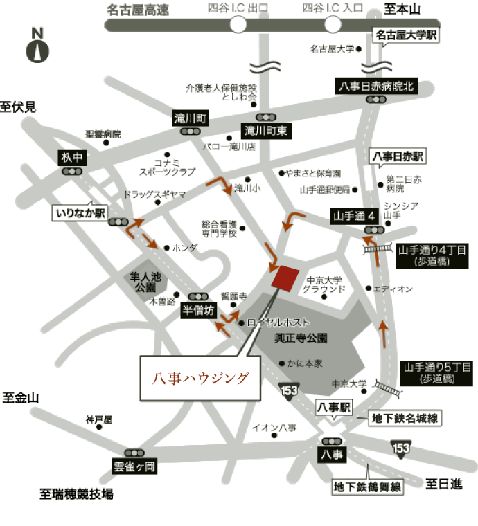 図：岡谷ホームズ八事展示場 アクセスマップ